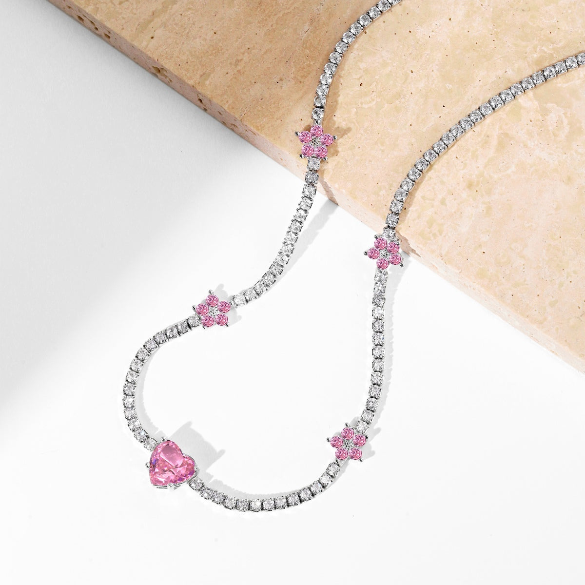 Angela Jewelry]Dazzling Pink Heart Flower Necklace