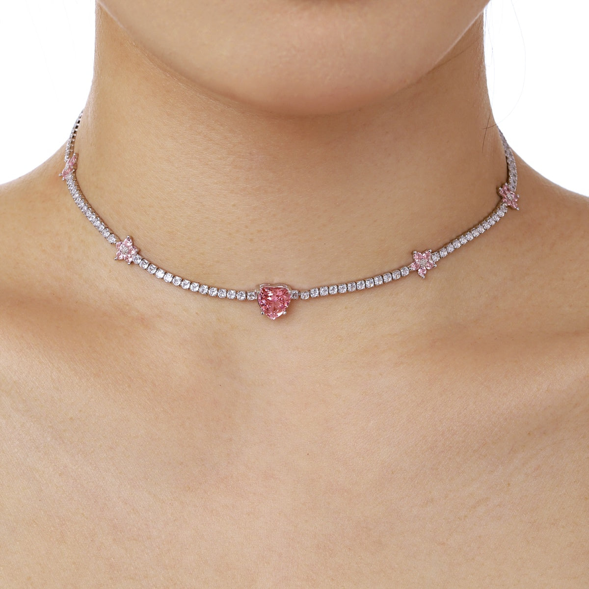 Angela Jewelry]Dazzling Pink Heart Flower Necklace