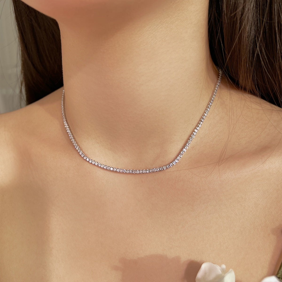 Angela Jewelry]Delicate Round Shape Tennis Necklace