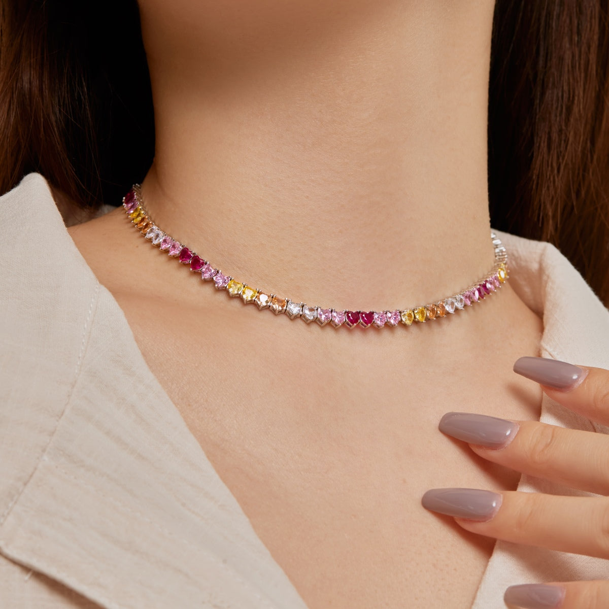 Angela Jewelry]Sparkling Colorful Full Heart Tennis Necklace
