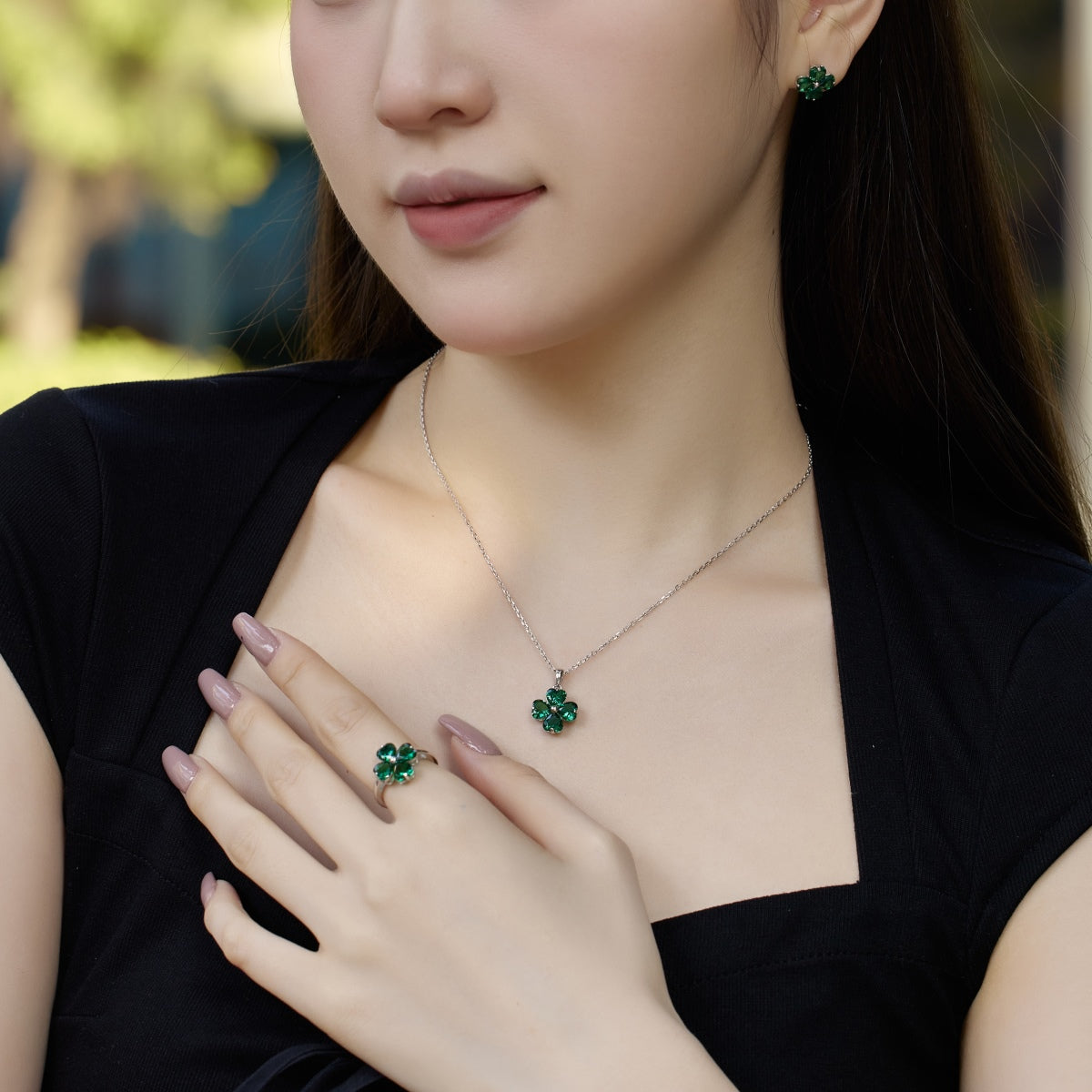 Angela Jewelry]Heart-shaped Four-Leaf Clover Ball Ring