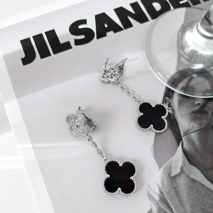 [Angela Jewellery]CLOVER 2 MOTIFS  DIAMOND ONYX EARRINGS SILVER