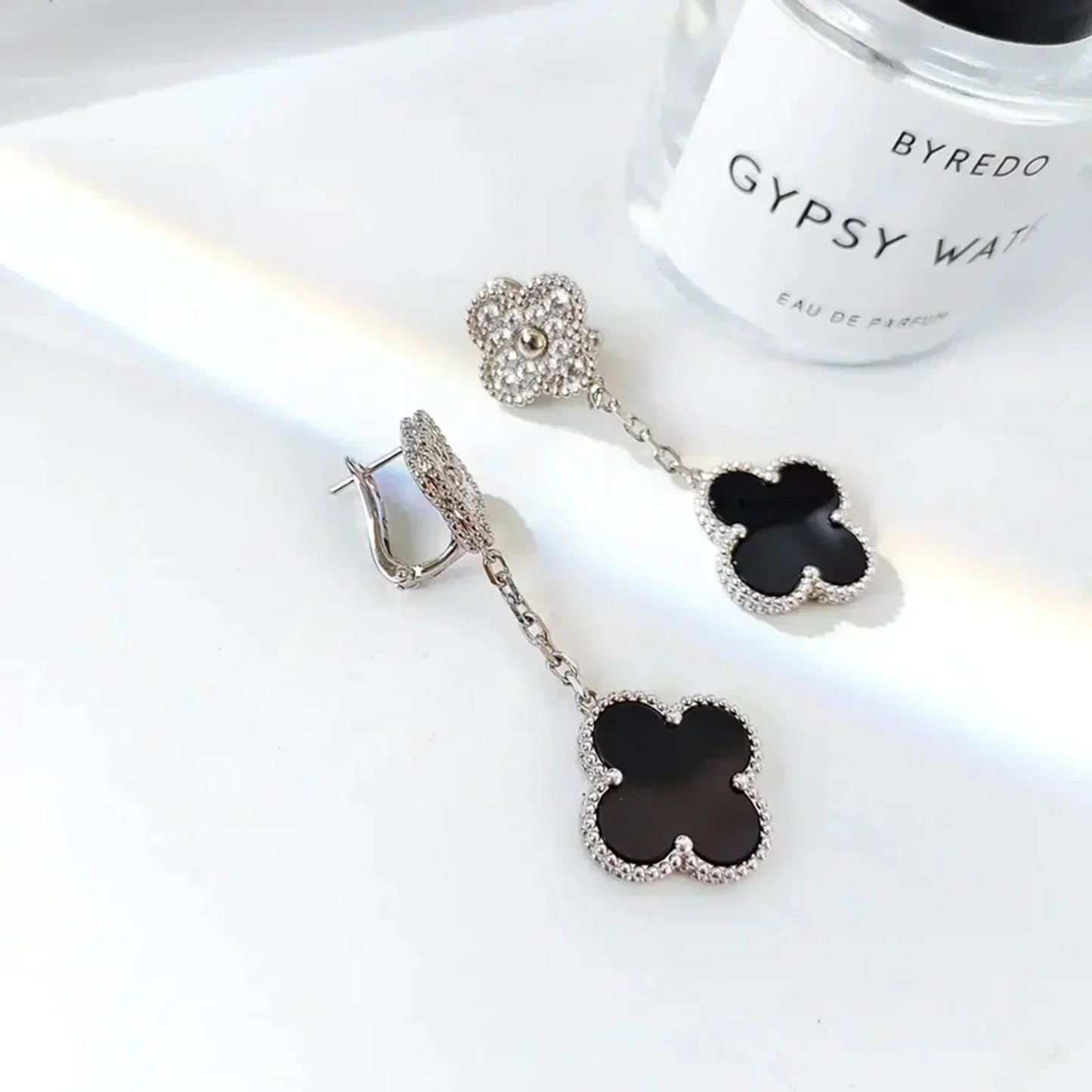 [Angela Jewellery]CLOVER 2 MOTIFS  DIAMOND ONYX EARRINGS SILVER