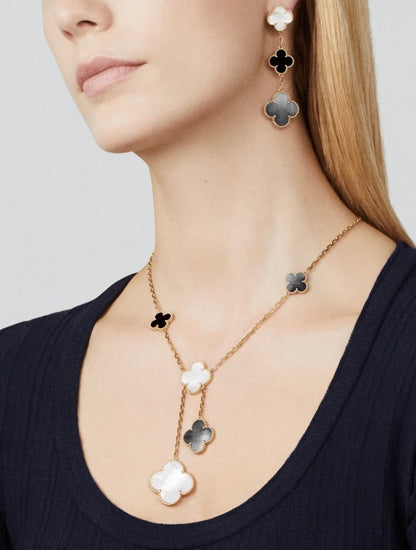 [Angela Jewellery]CLOVER 3 MOTIF MOP ONYX DARK MOP PINK GOLD EARRINGS