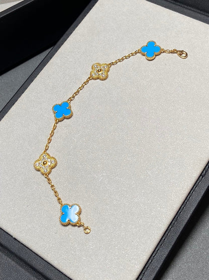 [Angela Jewellery]CLOVER 5 MOTIF BLUE CHALCEDONY DIAMOND GOLD BRACELET
