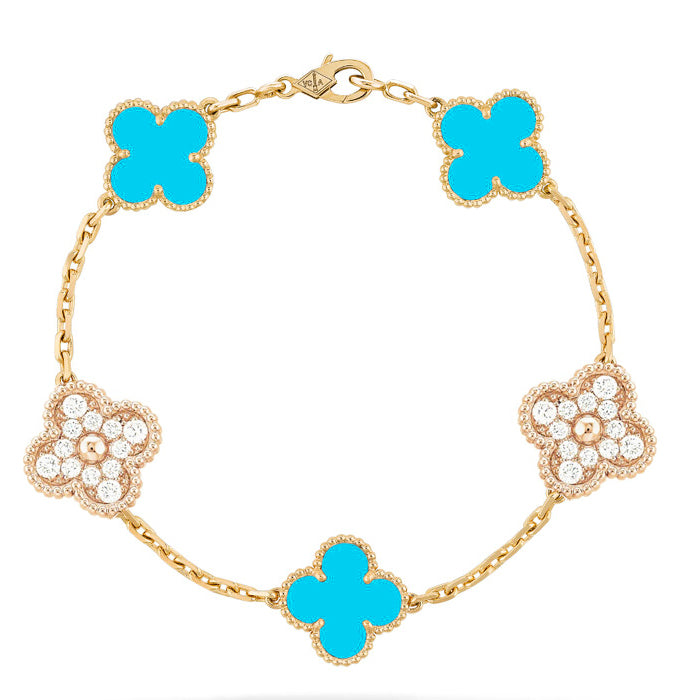 [Angela Jewellery]CLOVER 5 MOTIF TURQUOISE DIAMOND GOLD BRACELET