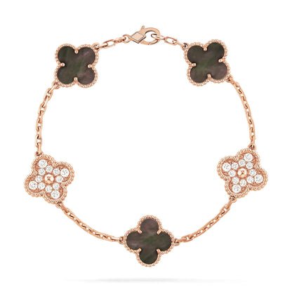 [Angela Jewellery]CLOVER 5 MOTIFS DARK MOP AND DIAMONDS PINK GOLD BRACELET