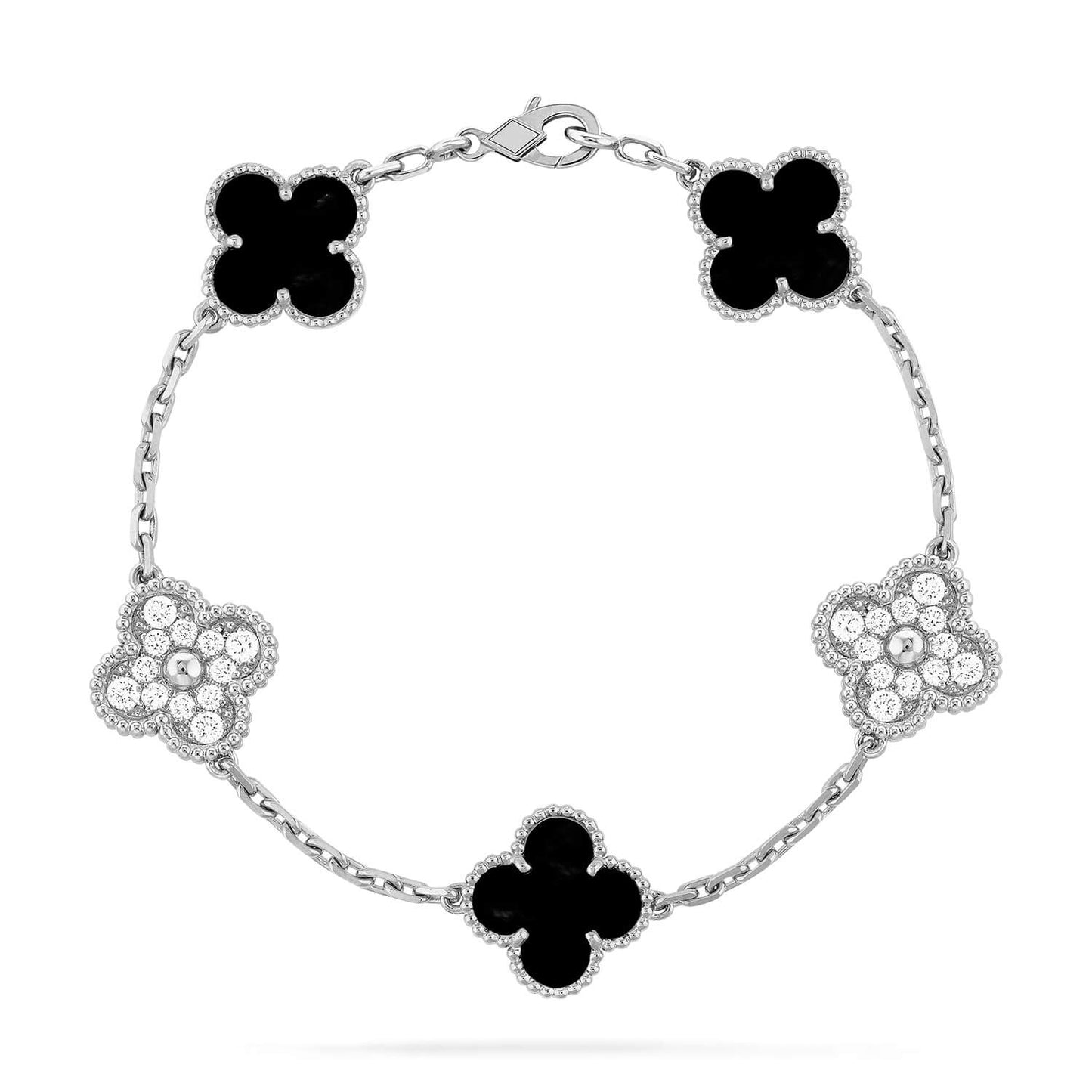 [Angela Jewellery]CLOVER 5 MOTIF ONYXS DIAMOND BRACELET SILVER
