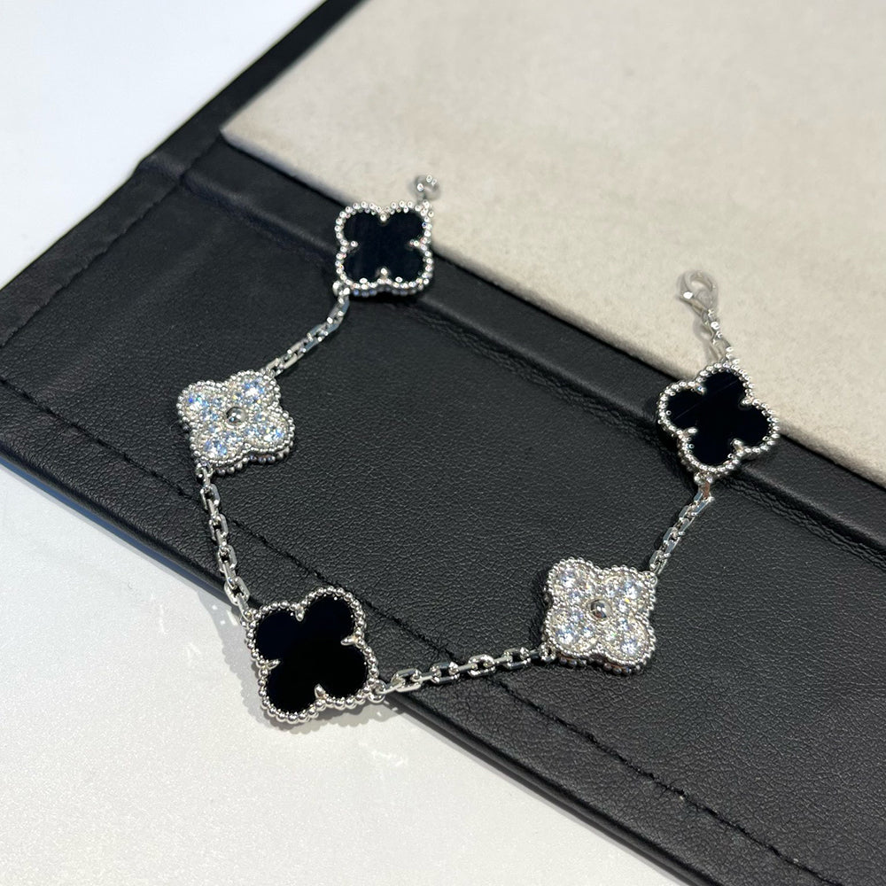 [Angela Jewellery]CLOVER 5 MOTIF ONYXS DIAMOND BRACELET SILVER