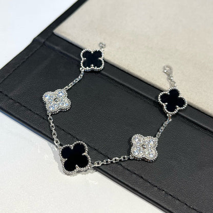 [Angela Jewellery]CLOVER 5 MOTIF ONYXS DIAMOND BRACELET SILVER